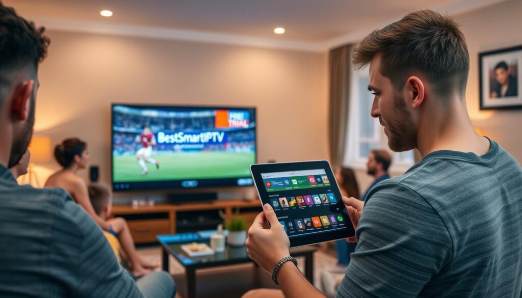 A cozy living room with a group of people watching a football match on a large Smart TV. The TV screen displays the "geo4tv" logo, suggesting a free trial offer. In the foreground, a young man holds a tablet, browsing through IPTV apps. The room is well-lit, with warm, inviting lighting that creates a comfortable, relaxed atmosphere. The scene captures the experience of an American expat in the UK enjoying a free IPTV trial.