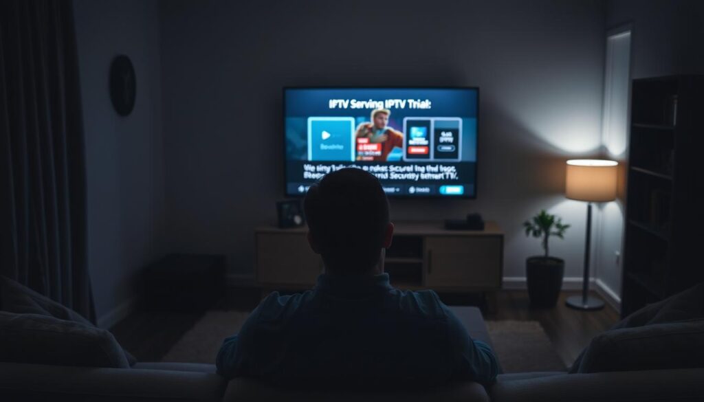 A dimly lit living room, a person sitting on a couch intently watching a Smart TV displaying the geo4tv app interface. The room is filled with a sense of security and privacy, with subtle lighting and muted colors creating a calming atmosphere. The TV screen shows an IPTV free trial offer, suggesting the user's consideration of the service's security and privacy implications. The scene conveys the need to carefully evaluate the risks and benefits of IPTV trials before making a decision.